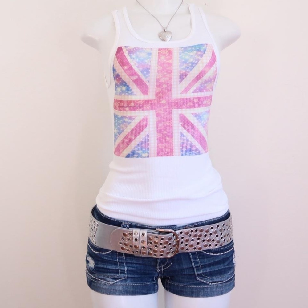 y2k pink checkered union jack tank white ribbed top